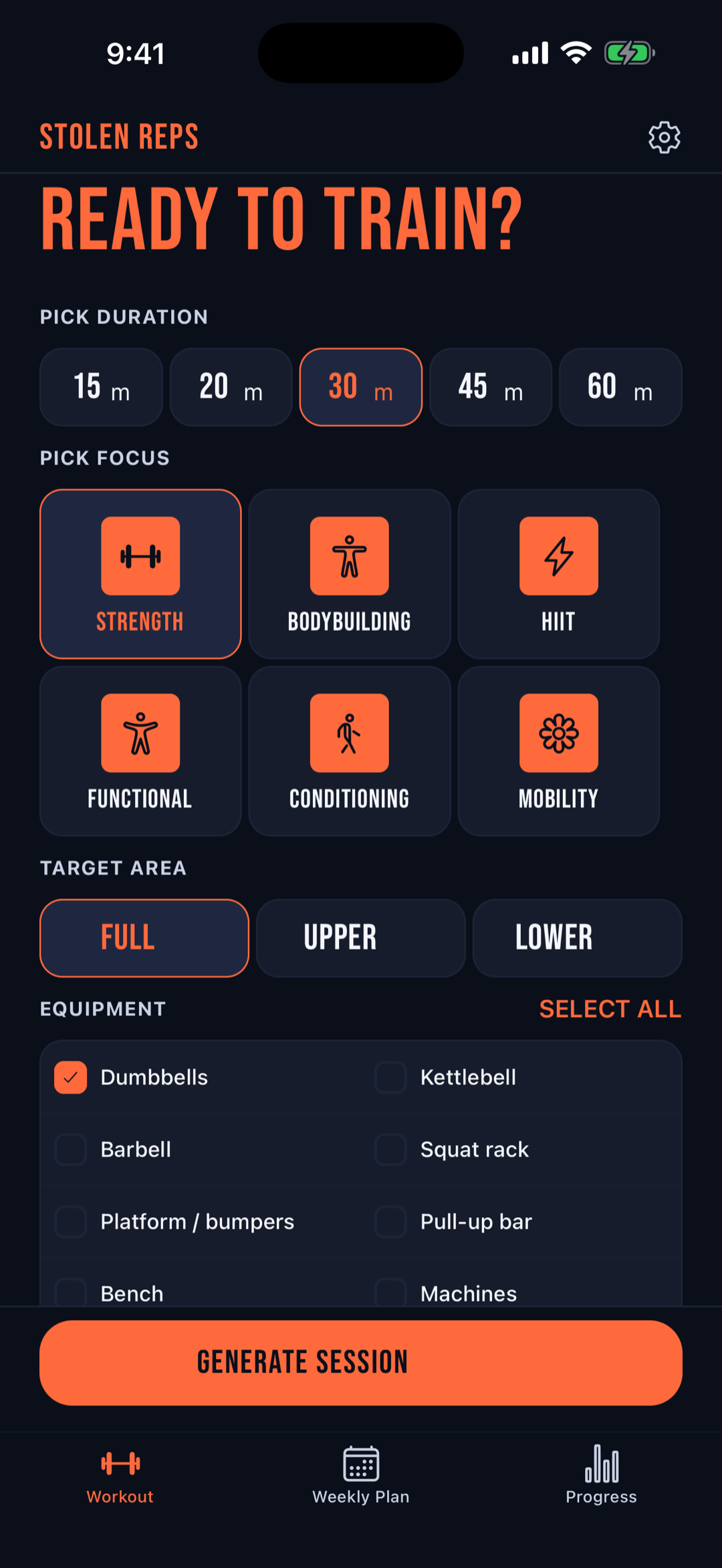 Stolen Reps build screen with bodyweight-only equipment and six training styles