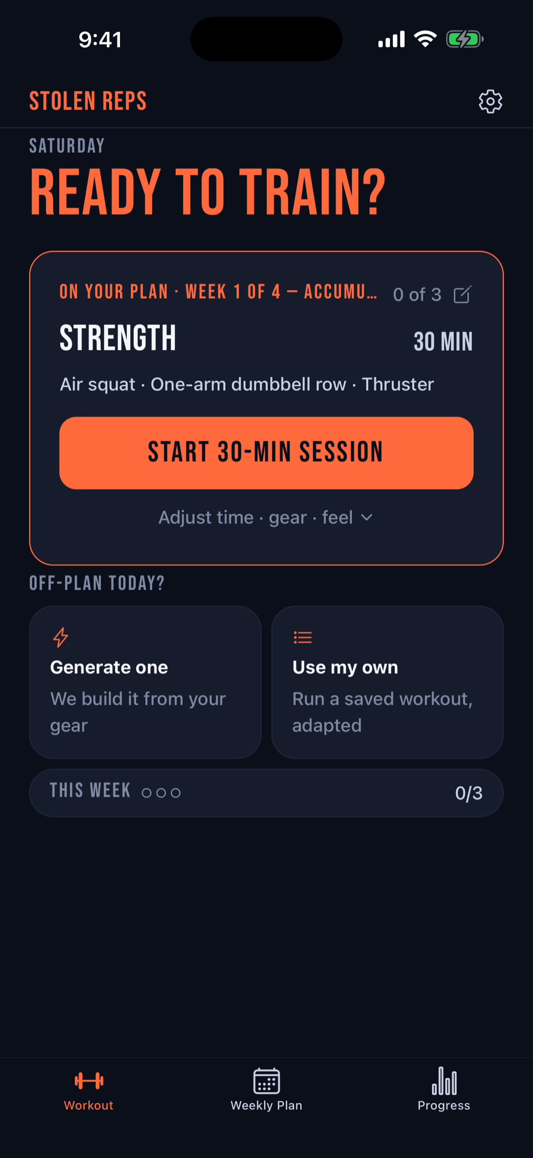 Stolen Reps home screen with a 30-minute strength session ready to start