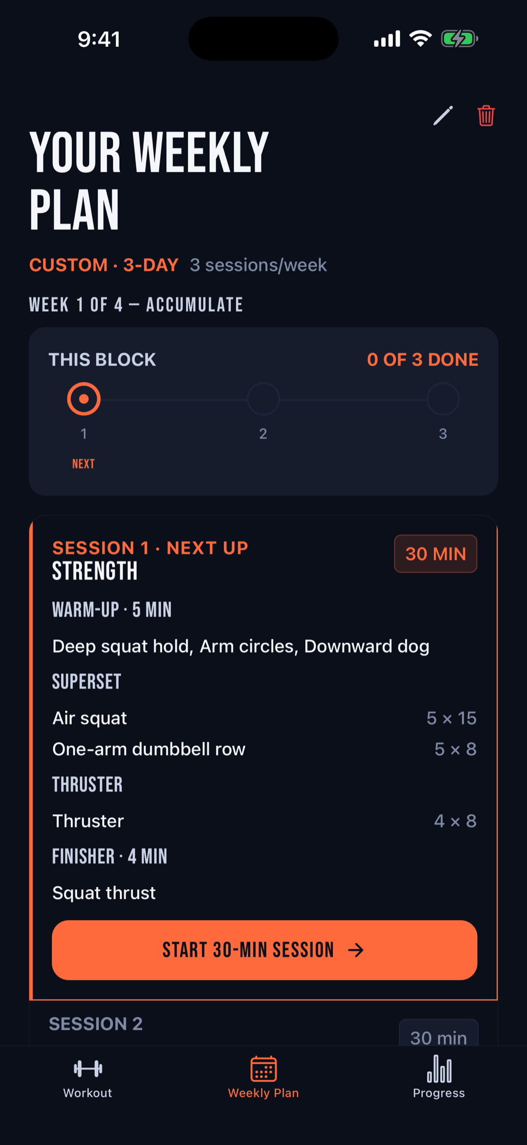 Stolen Reps weekly plan showing a flexible 3-session week with progress tracking