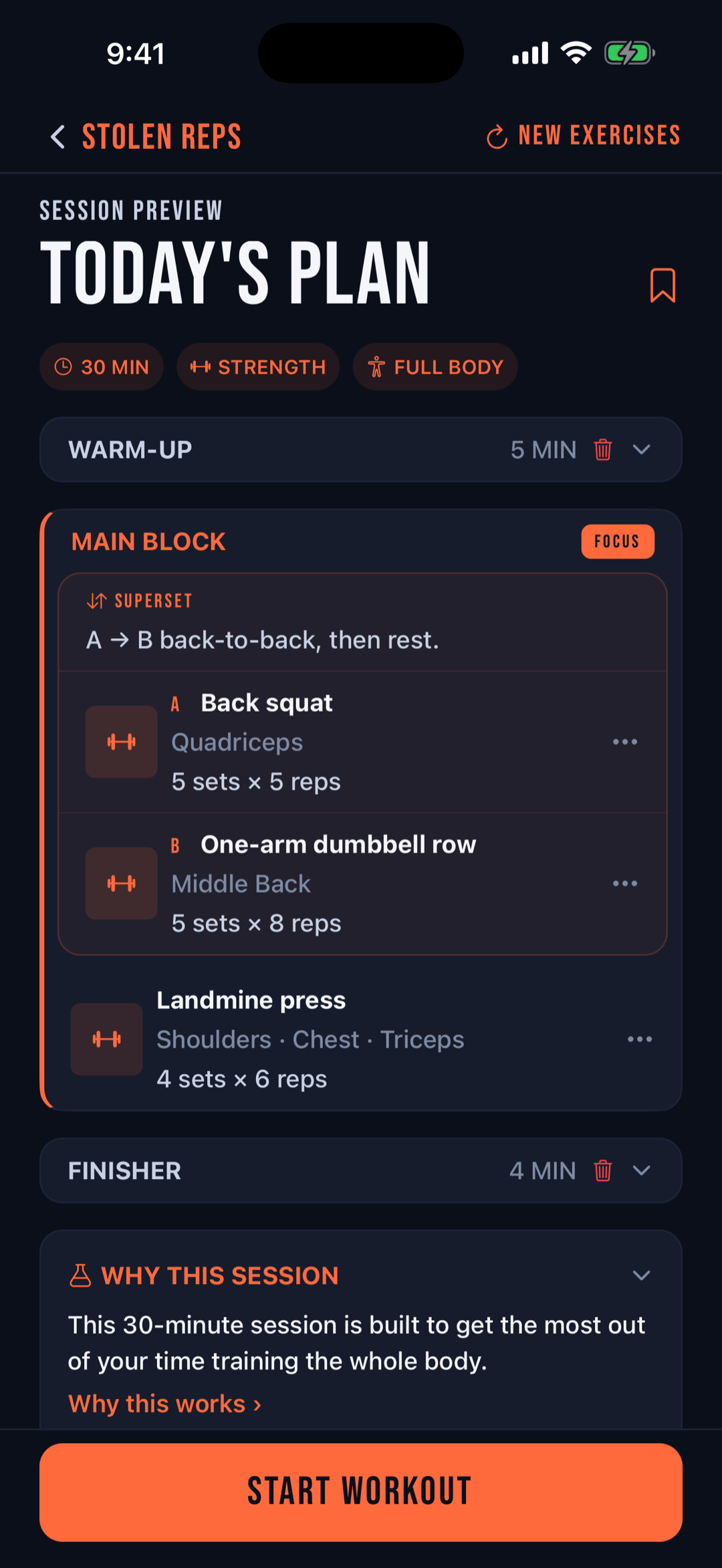 Generated garage gym strength session with back squat superset in Stolen Reps