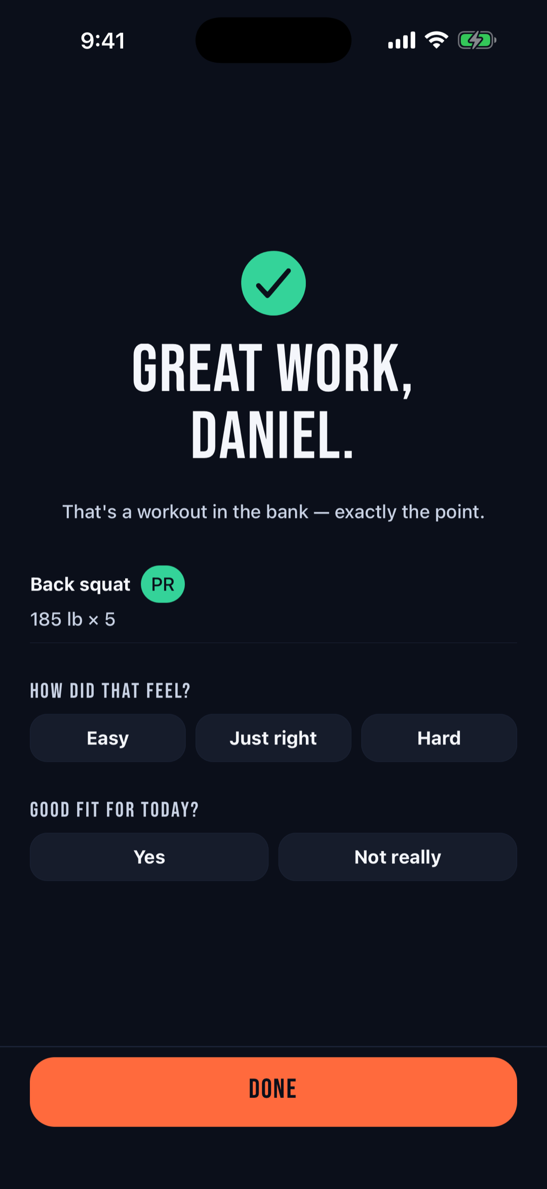 Stolen Reps workout complete screen with a personal record after a short nap-time session